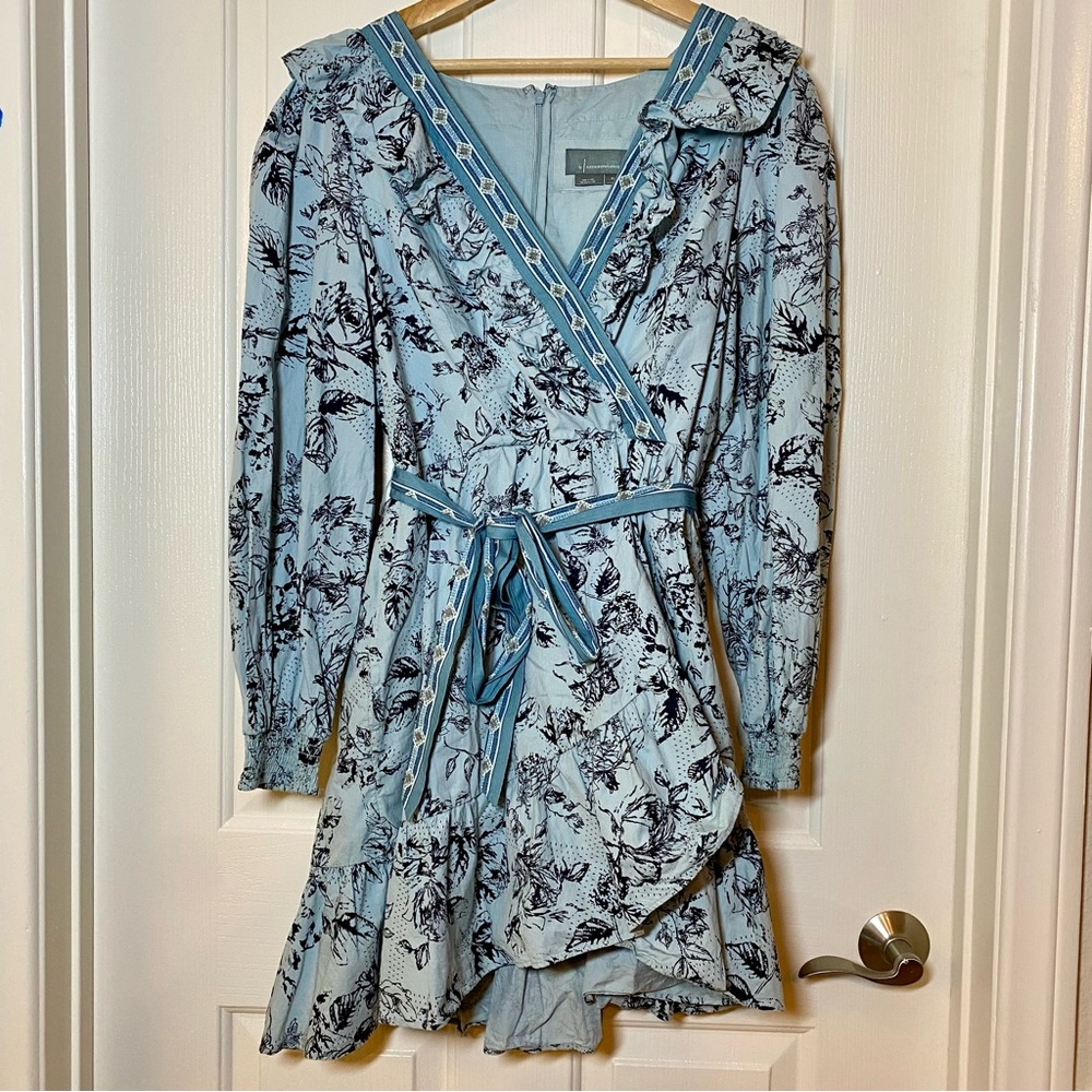 Anthropologie Ruffle Floral Wrap Long Sleeve Mini Dress XL Blue Ditzy Croquette